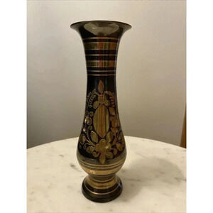Vintage Solid Etched Brass Handmade Black & Gold Made In India 7.5” Vase
